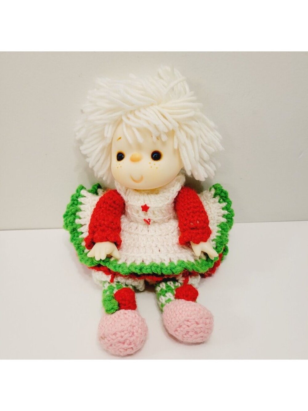 Vtg Handmade Crochet Dress Red & Green Strawberry Shortcake Theme Doll